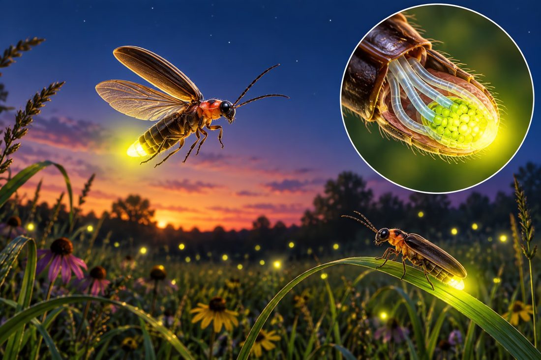 Fireflies glowing over a meadow at dusk with a close-up of a firefly’s glowing tail