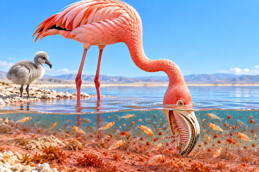 A pink flamingo feeding upside down in shallow water next to a gray flamingo chick
