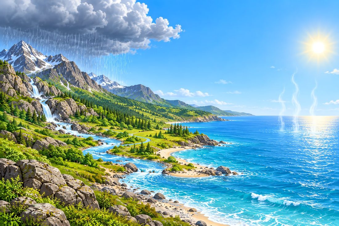 Mountains, a river and the ocean, showing how rain and rivers carry salt from rocks to the sea