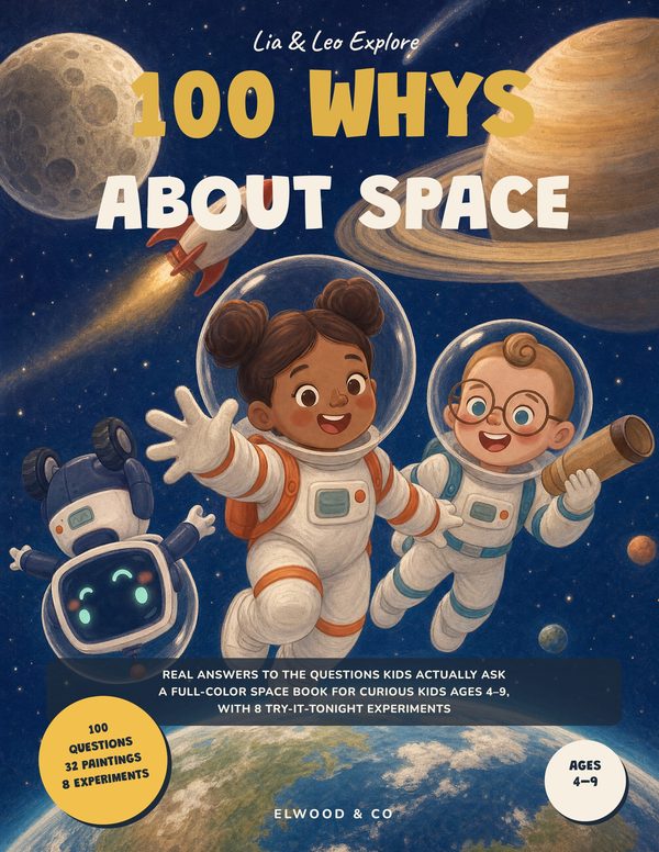 Cover of 100 Whys About Space, a Lia and Leo Explore book