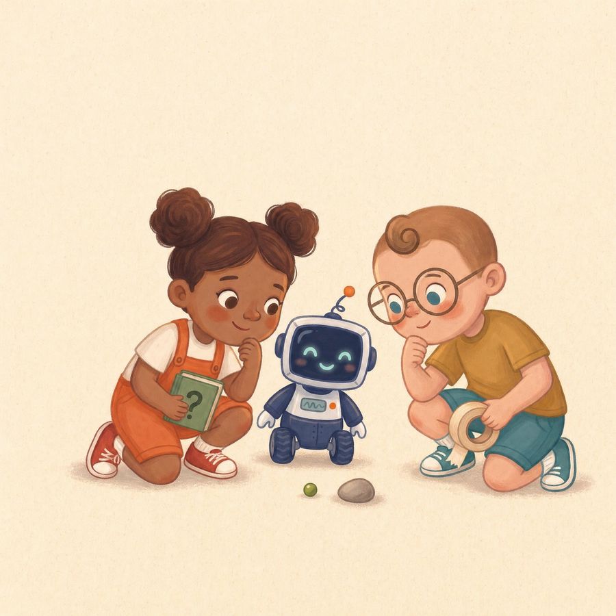 Lia, Leo and Pixel the robot looking at a pebble