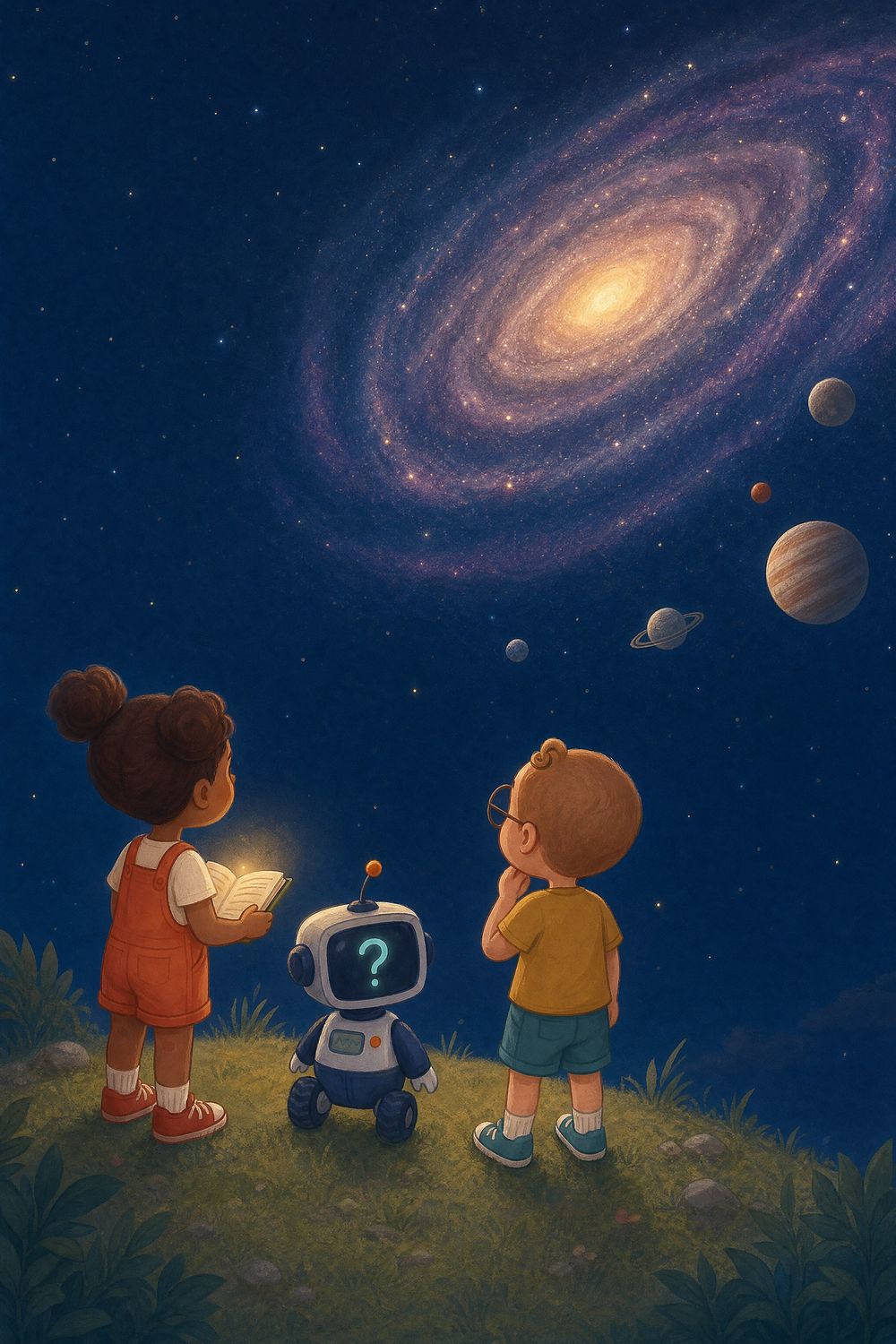 Lia, Leo and Pixel the robot looking up at the Milky Way at night