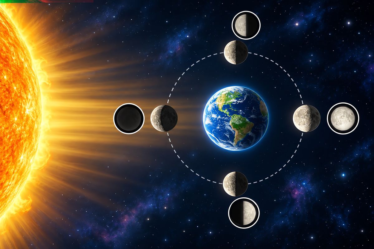 Diagram of the Moon at four spots around Earth, with the sunlit half always facing the Sun and small insets showing each phase