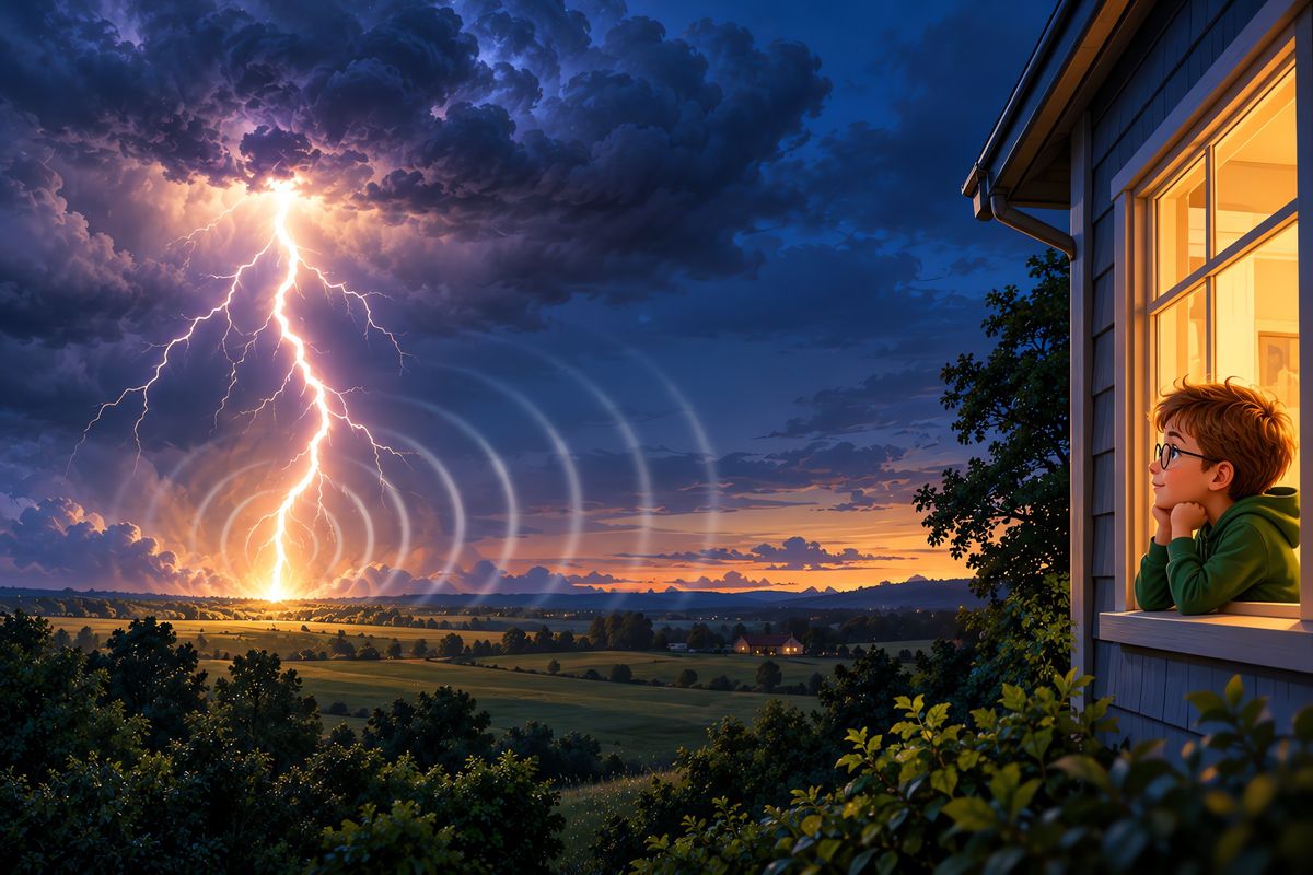 A lightning bolt striking a field at dusk with rings of sound spreading outward, seen from a child’s window