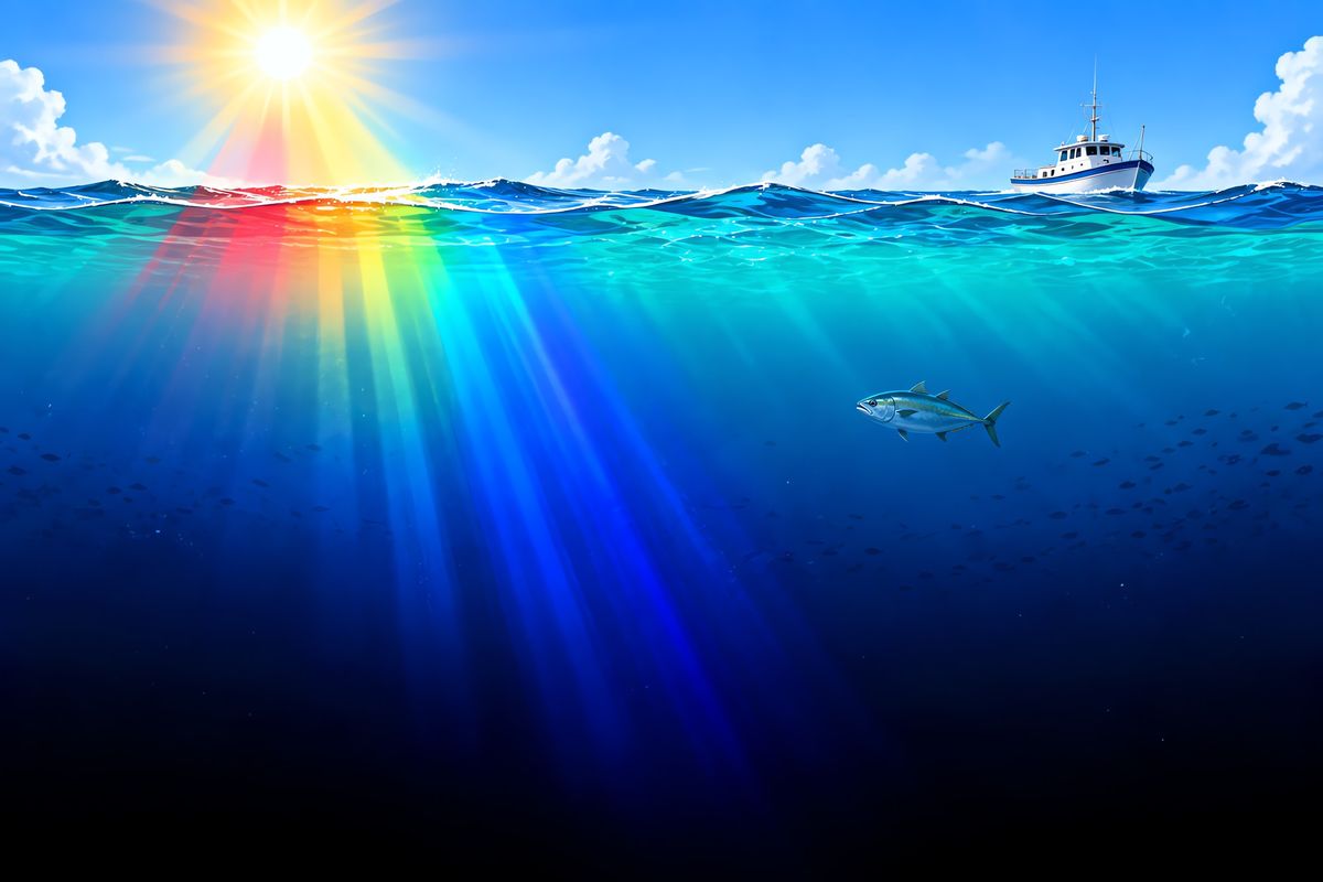 Cross-section of the ocean showing sunbeams entering the water, red and orange fading near the surface and blue light reaching deeper