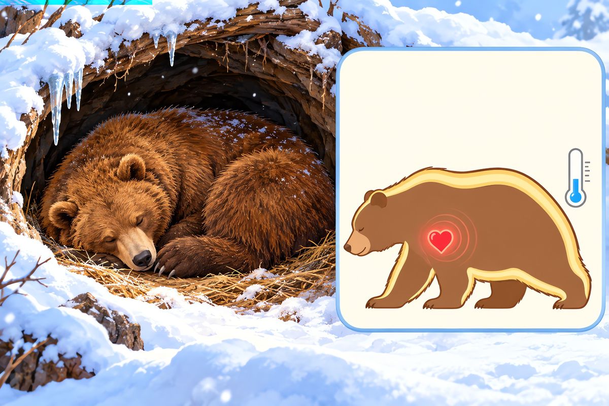 A brown bear asleep in a snowy den, with an inset showing its fat layer, slow heart and lowered body temperature