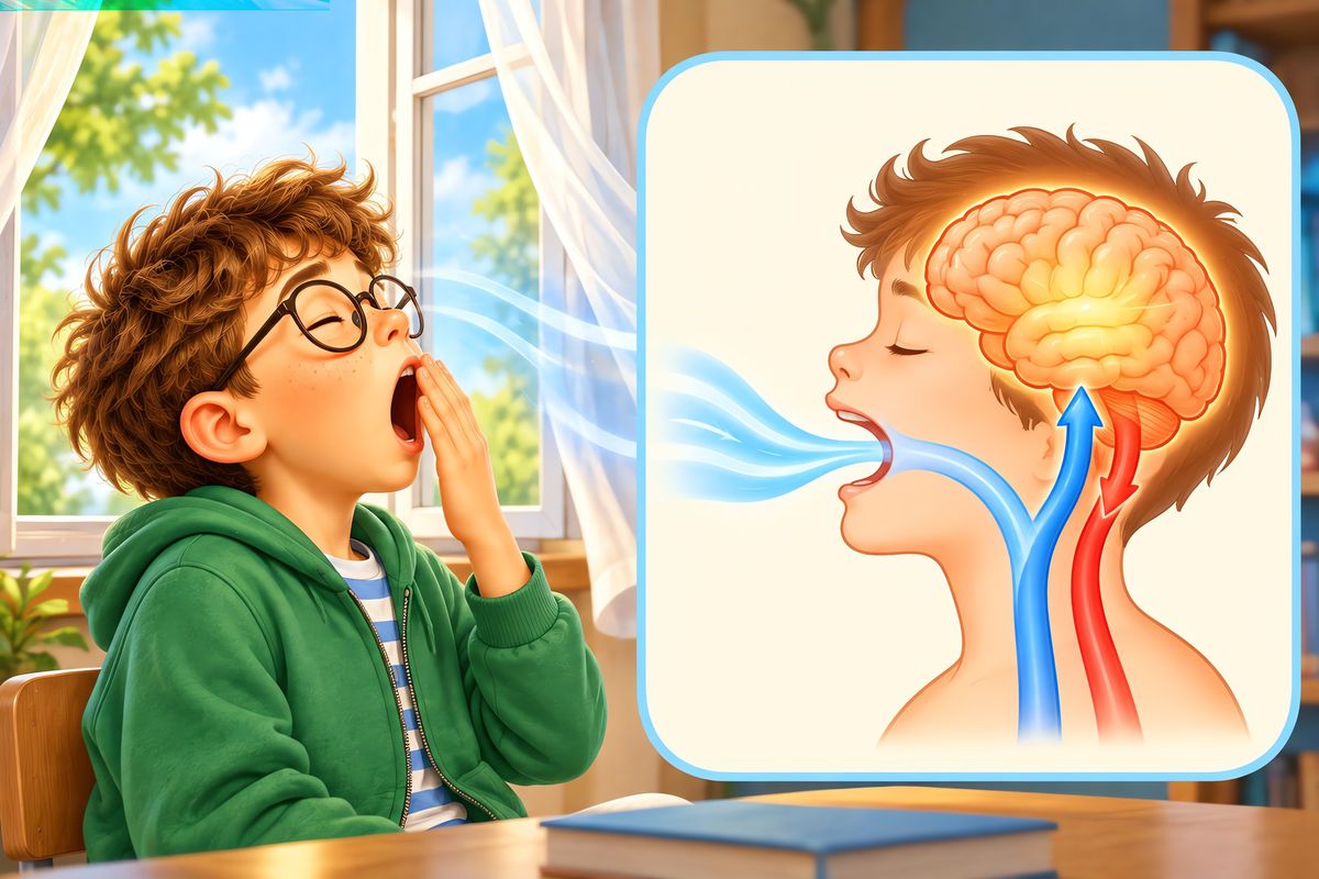 A boy mid-yawn beside an open window, with a cutaway showing warm blood leaving his brain and cool air flowing in