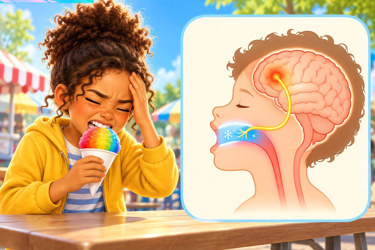 Cutaway of a girl biting a rainbow snow cone, showing the chilled roof of her mouth and a nerve running up to her forehead