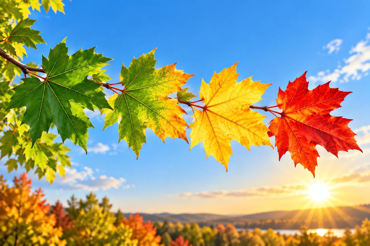 A maple branch with leaves changing in a row from summer green to gold, yellow and scarlet against a blue autumn sky