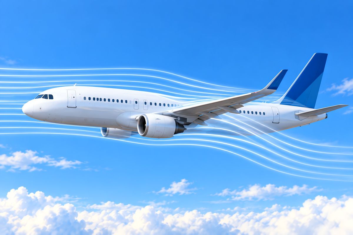 Side view of a passenger jet with wisps of air flowing over and under the wing and curving downward behind it