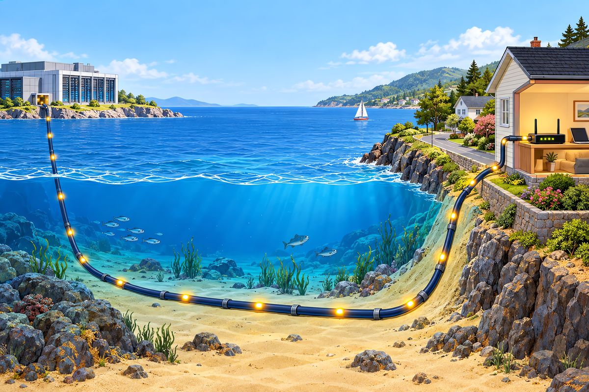 Cutaway landscape showing a cable running from a data center, along the seafloor, up a coast and into a house