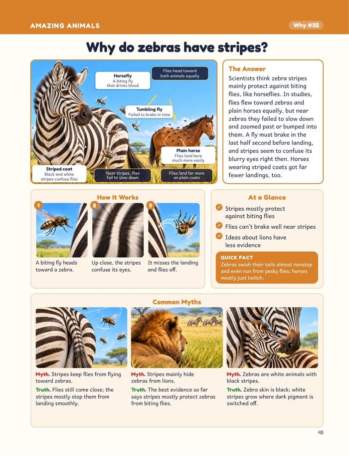 Book page: Why do zebras have stripes? with a labeled diagram