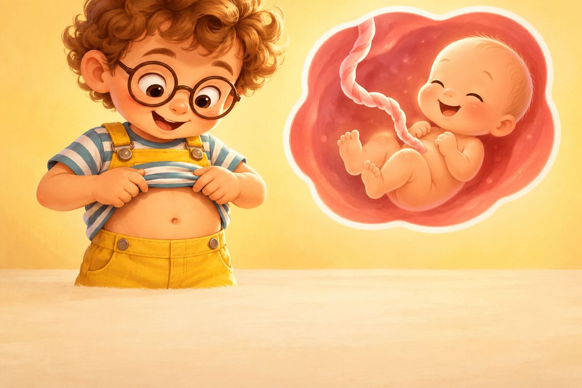 Danny lifts his striped shirt to peek at his belly button, next to a soft picture of a smiling baby with a curly cord