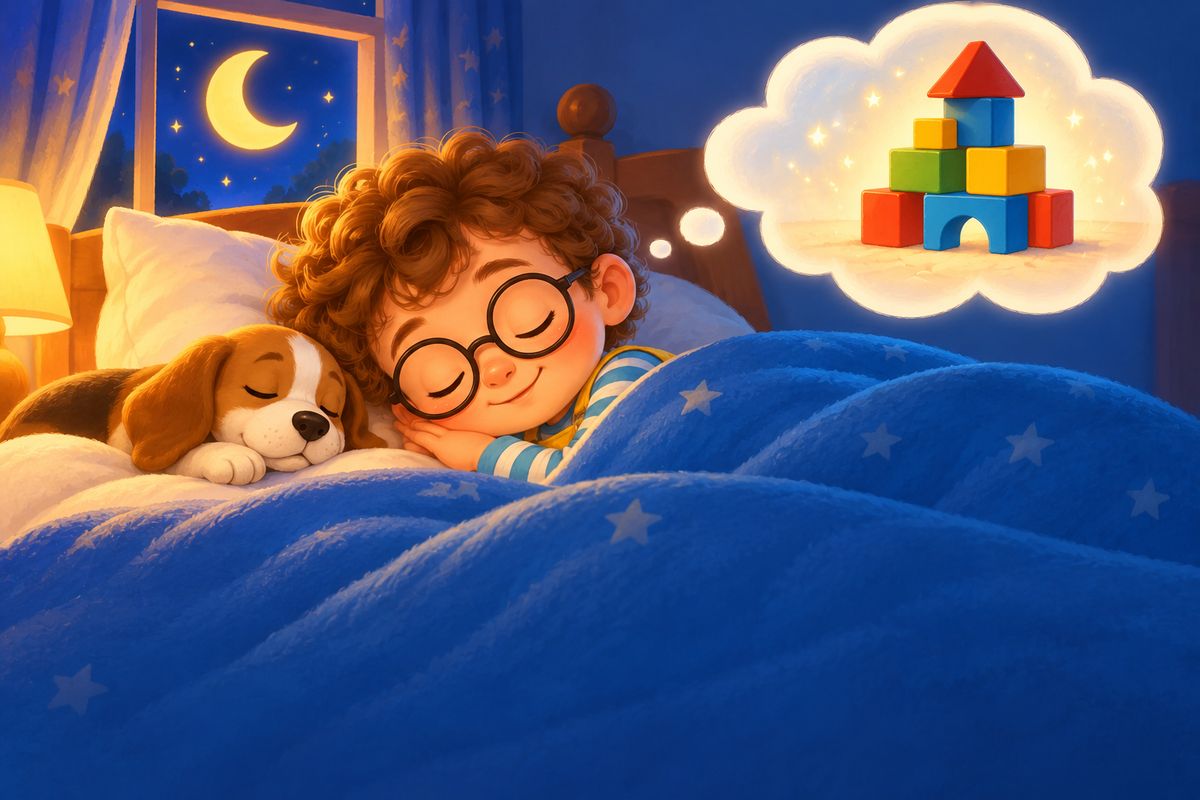 Danny asleep under a blue blanket with his beagle puppy, a crescent moon in the window and a dream cloud of neatly stacked toy blocks